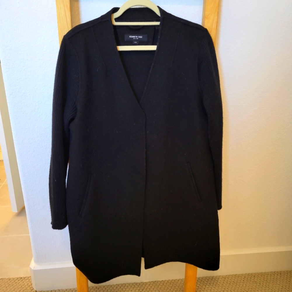 Kenneth Cole Black Wool Coat Sweater Sleeves, Snap Button Up